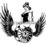 Sexy Girl Sitting On Rim With Wings Holding Wrench Mechanic Engine Auto Repair Automotive Service Car Truck Motorcycle Technician Garage Shop Vehicle Maintenance Design Element Company Business Logo Clipart SVG
