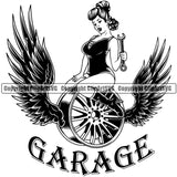 Garage Quote Sexy Girl Sitting On Rim With Wings Holding Wrench Mechanic Engine Auto Repair Automotive Service Car Truck Motorcycle Technician Garage Shop Vehicle Maintenance Design Element Company Business Logo Clipart SVG