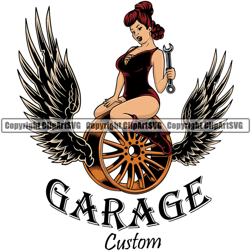 Garage Quote Sexy Girl Sitting On Rim Wings Design Element Mechanic Engine Auto Repair Automotive Service Car Truck Motorcycle Technician Garage Shop Vehicle Maintenance Design Element Company Business Logo Clipart SVG