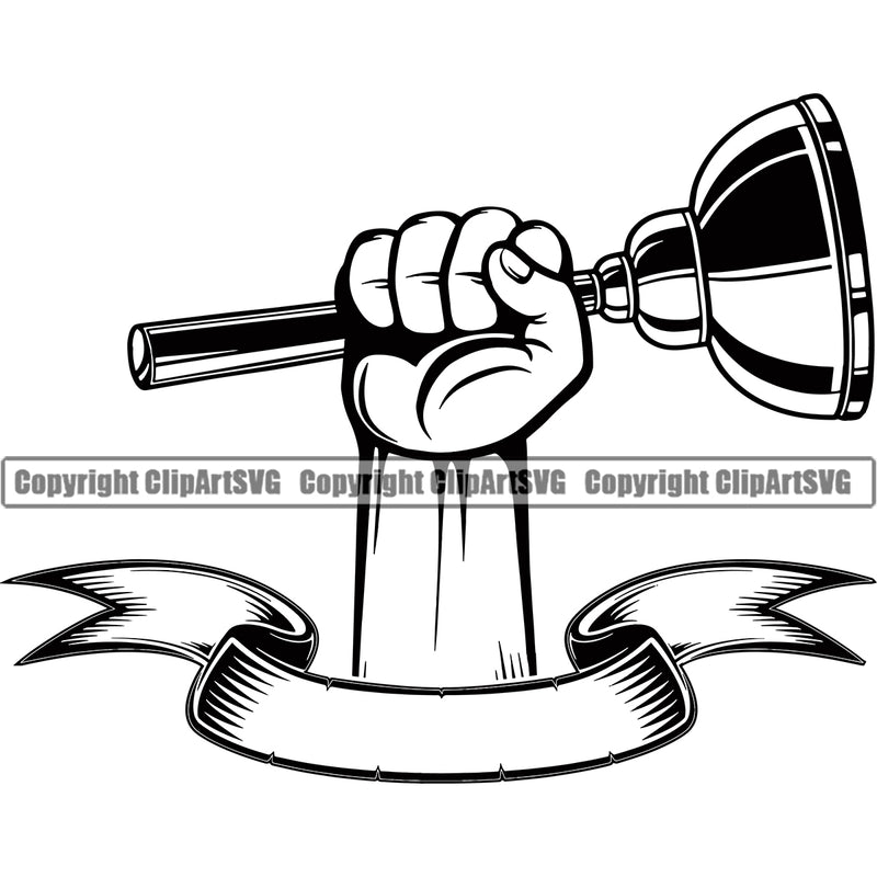 Plumber Pipe Repair Hand Holding Plunger Design Element Service Plumbing Work House Water Maintenance Bathroom Kitchen Professional Tool Repairman Handyman Equipment Drain Clipart SVG