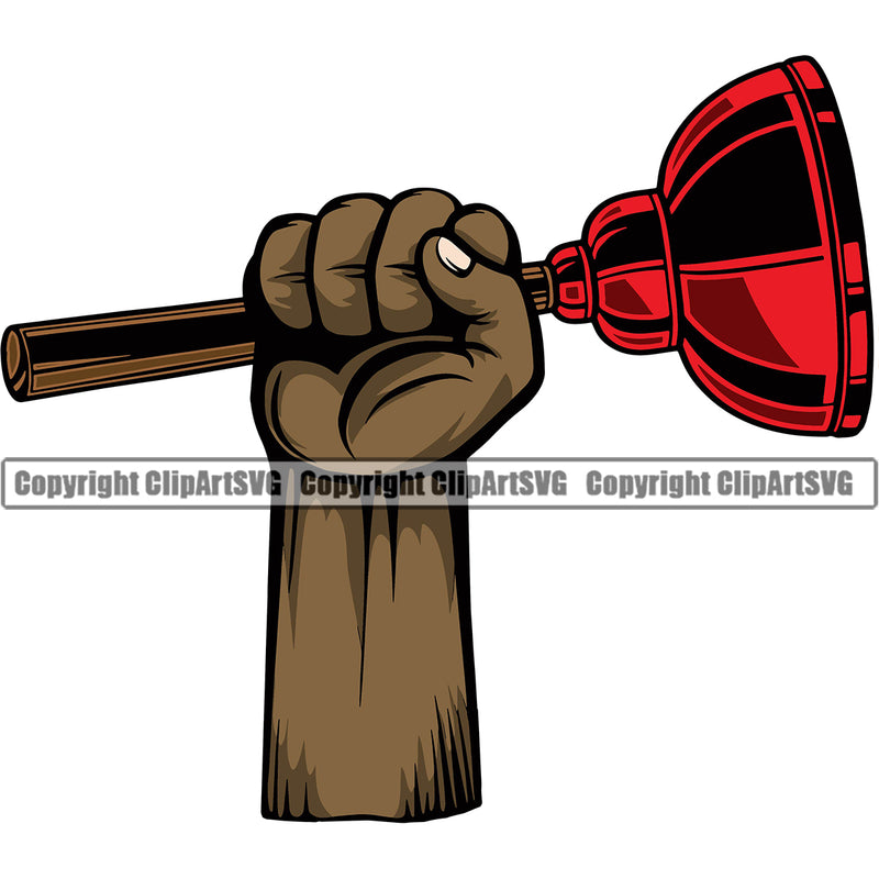 Plumber Hand Holding Plunger African American Black Hand Design Element Pipe Repair Service Plumbing Work Kitchen Professional Tool Repairman Handyman Equipment Drain House Water Maintenance Bathroom Clipart SVG