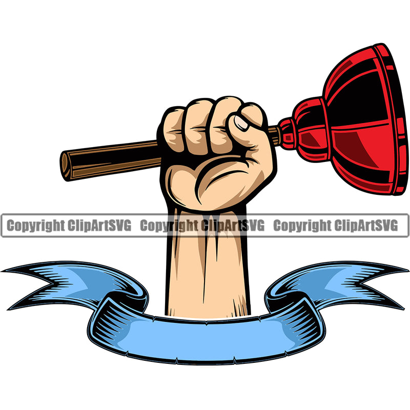 Plumber Pipe Repair Service Plumbing Hand Power Plunger Holding Color Design Element Work Kitchen Professional Tool Repairman Handyman Equipment Drain House Water Maintenance Bathroom Clipart SVG