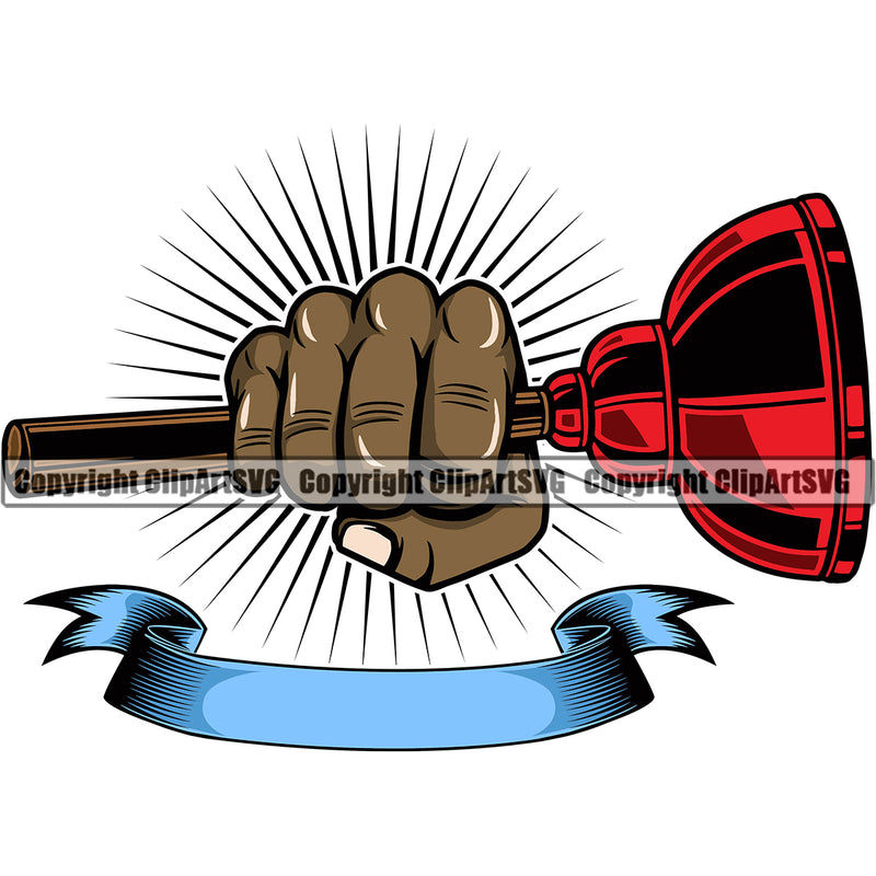 Plumber Pipe Repair Black Hand Holding Plunger Sunrise Logo Design Service Plumbing Work Kitchen Drain House Water Maintenance Bathroom Professional Tool Repairman Handyman Equipment Clipart SVG