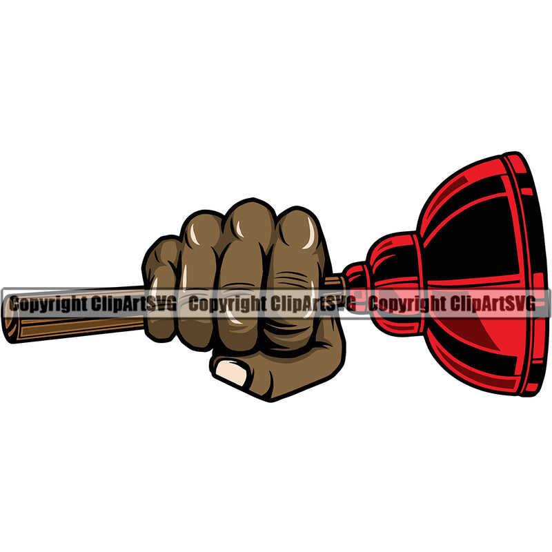 Plumber Pipe Repair Service Black Hand Holding Plunger Plumbing Work Kitchen White Background Professional Tool Repairman Handyman Design Element Drain House Water Maintenance Bathroom Clipart SVG