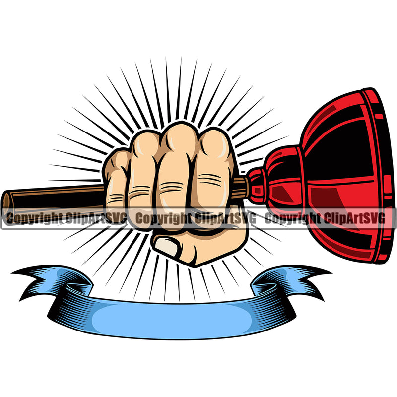 Plumber Hand Holding Plunger Color Design Element Pipe Repair Service Sunrise Vector Plumbing Work Kitchen Professional Tool Repairman Handyman Equipment Drain House White Background Water Maintenance Bathroom Clipart SVG
