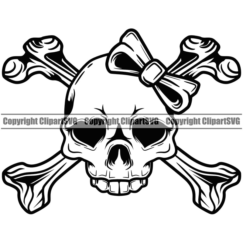 Skull Skeleton Crossbones Design Element Wearing Bow Heart Eyes Design Element Cute Female Skull EMO Dead Death Skeleton Tattoo Vintage Retro Horror Woman Gothic Girl Pretty Lady Art Logo Clipart SVG