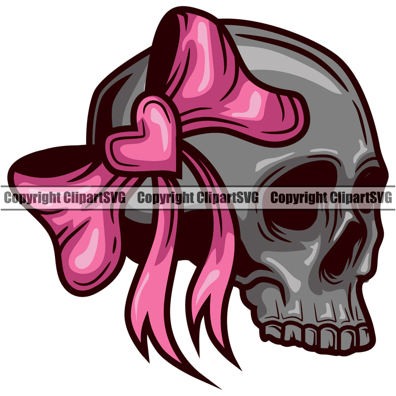 Cute Female Skull Head Wearing Bow Color Ribbon Side Face Design Element EMO Dead Death Skeleton Tattoo Vintage Retro Horror Woman Gothic Girl Pretty Lady Art Logo Clipart SVG