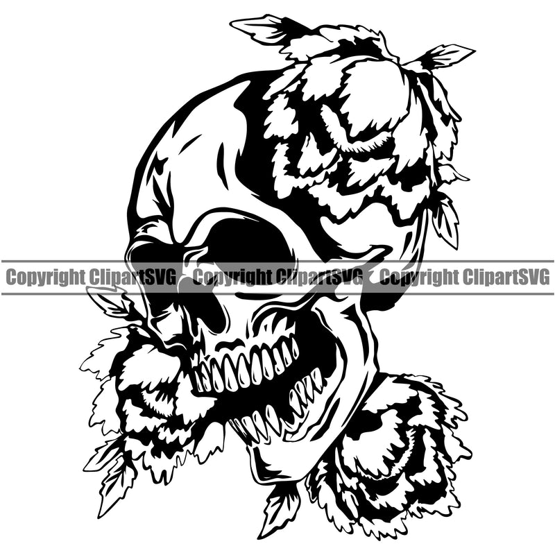Black And White Skull Skeleton Head Design Element Flower On Head BW Cute Female Skull EMO Dead Death Skeleton Tattoo Vintage Retro Horror Woman Gothic Girl Pretty Lady Art Logo Clipart SVG