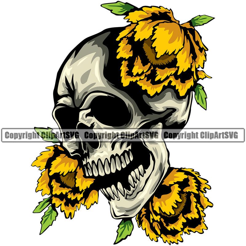 Skull Skeleton Open Mouth Design Element Flower On Head Side Head Cute Female Skull EMO Dead Death Skeleton Tattoo Vintage Retro Horror Woman Gothic Girl Pretty Lady Art Logo Clipart SVG