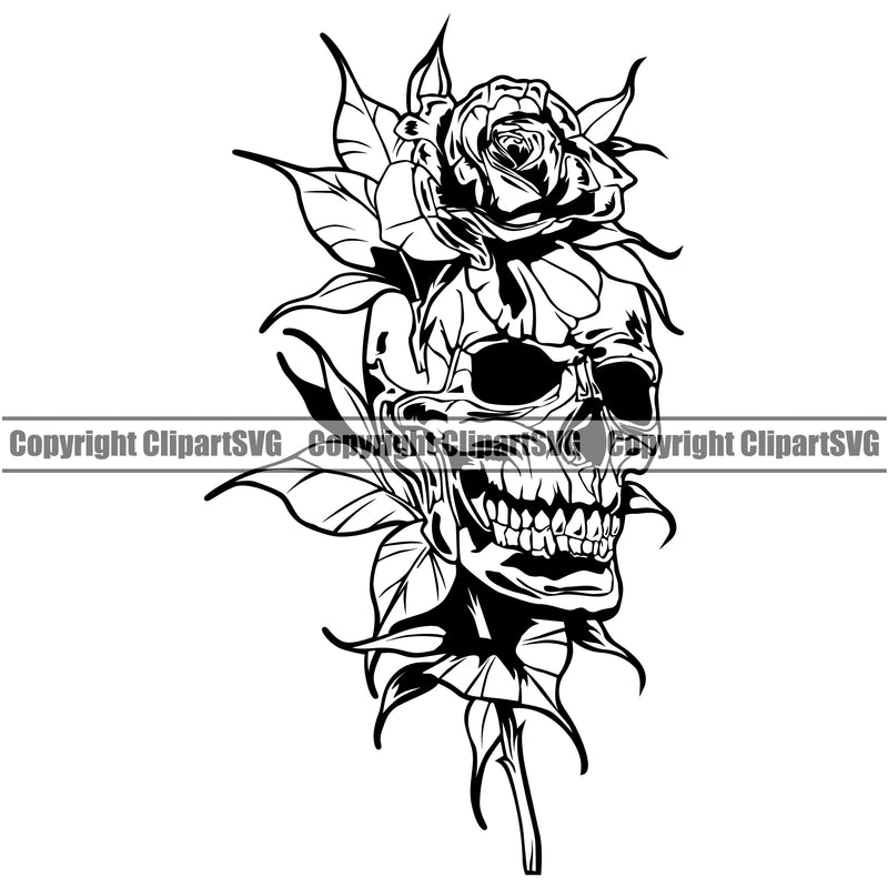 Skull Skeleton Head On Rose Flower Design Element White Background Black And White Cute Female Skull EMO Dead Death Skeleton Tattoo Vintage Retro Horror Woman Gothic Girl Pretty Lady Art Logo Clipart SVG