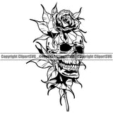 Skull Skeleton Head On Rose Flower Design Element White Background Black And White Cute Female Skull EMO Dead Death Skeleton Tattoo Vintage Retro Horror Woman Gothic Girl Pretty Lady Art Logo Clipart SVG