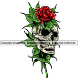 Skull Skeleton Head On Red Rose Flower Design Element White Background Cute Female Skull EMO Dead Death Skeleton Tattoo Vintage Retro Horror Woman Gothic Girl Pretty Lady Art Logo Clipart SVG