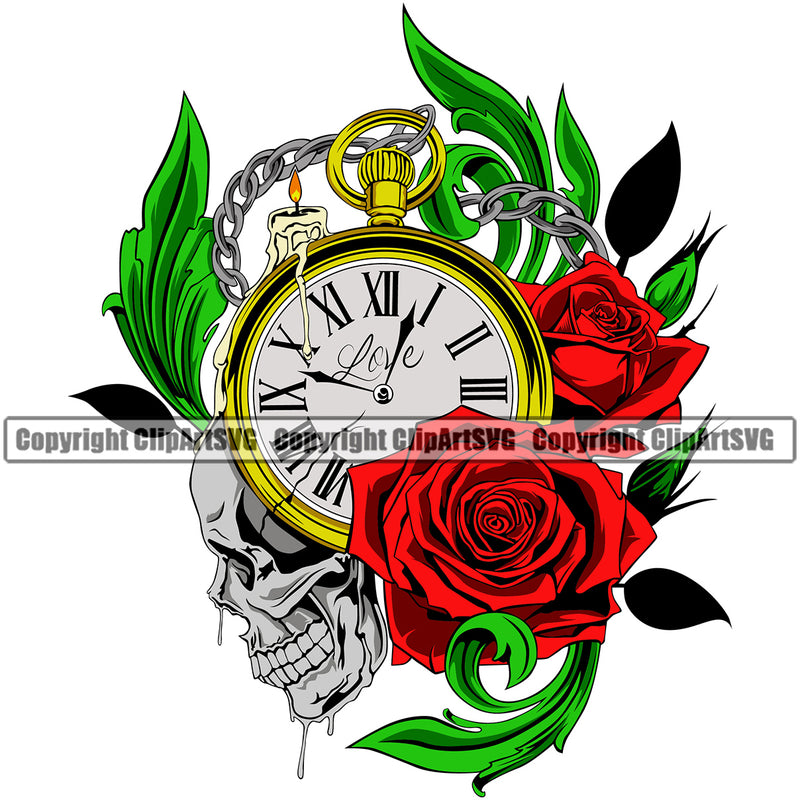 Skull Skeleton Head Clock And Rose Flower Leaves Design Element Cute Female Skull EMO Dead Death Skeleton Tattoo Vintage Retro Horror Woman Gothic Girl Pretty Lady Art Logo Clipart SVG