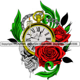 Skull Skeleton Head Clock And Rose Flower Leaves Design Element Cute Female Skull EMO Dead Death Skeleton Tattoo Vintage Retro Horror Woman Gothic Girl Pretty Lady Art Logo Clipart SVG