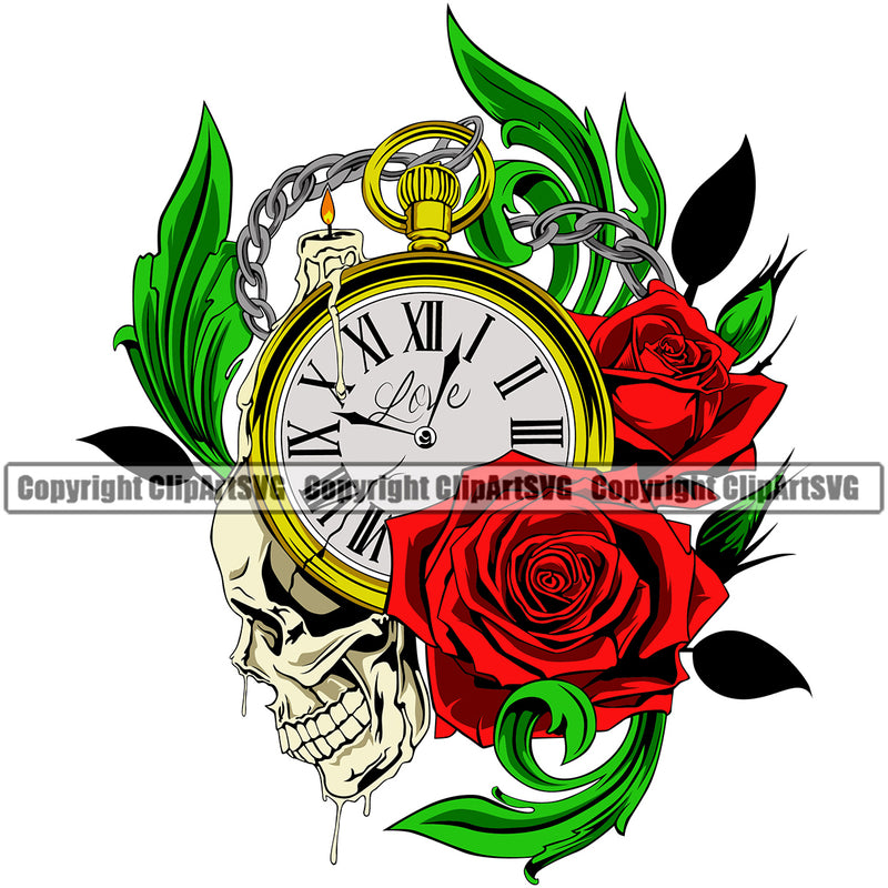 Skull Skeleton Head Clock And Rose Flower Leaves Color Dripping Design Element Cute Female Skull EMO Dead Death Skeleton Tattoo Vintage Retro Horror Woman Gothic Girl Pretty Lady Art Logo Clipart SVG