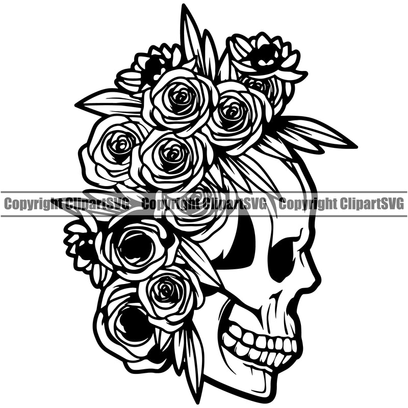 Skull Skeleton Side Face Design Element Flower On Head Cute Female Skull EMO Dead Death Skeleton Tattoo Vintage Retro Horror Woman Gothic Girl Pretty Lady Art Logo Clipart SVG