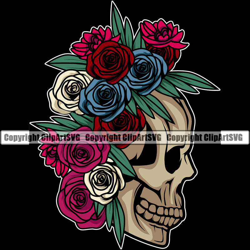 Skull Skeleton Side Face Design Element Color Flower On Head Black Background Cute Female Skull EMO Dead Death Skeleton Tattoo Vintage Retro Horror Woman Gothic Girl Pretty Lady Art Logo Clipart SVG