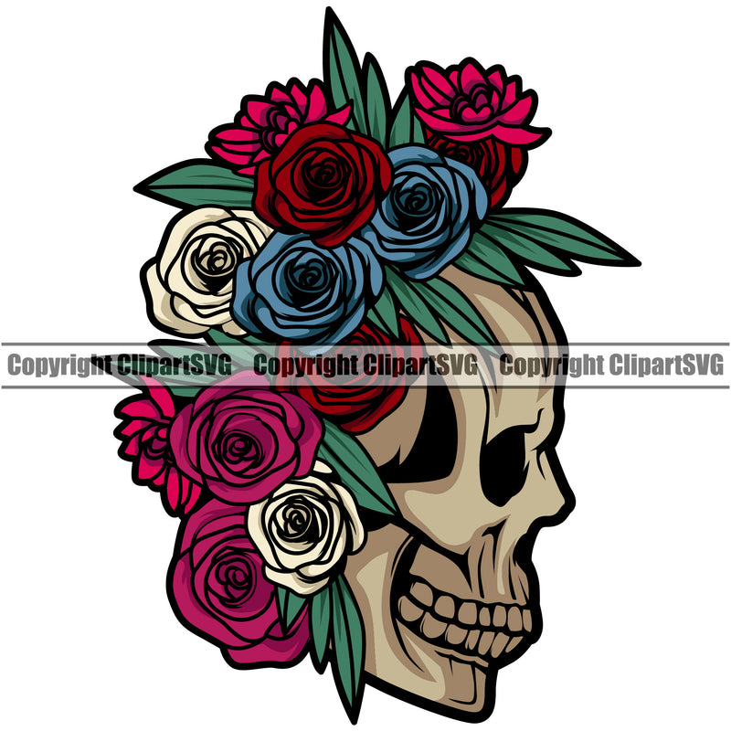 Skull Skeleton Golden Face Design Element Flower On Head Design Element Cute Female Skull EMO Dead Death Skeleton Tattoo Vintage Retro Horror Woman Gothic Girl Pretty Lady Art Logo Clipart SVG