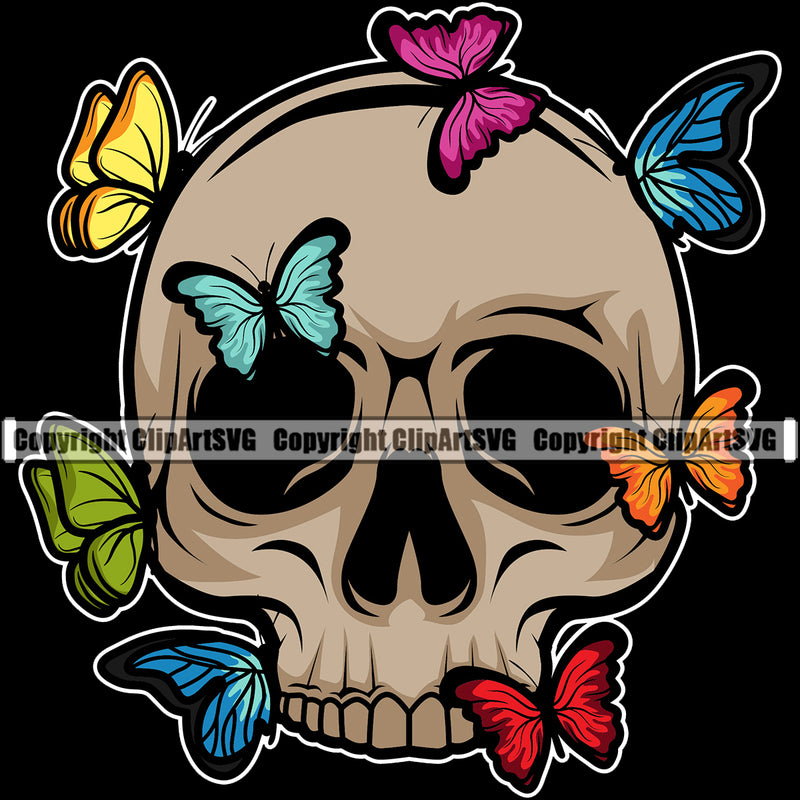 Skull Skeleton Head Color Design Butterfly On Skull Head Black Background Cute Female Skull EMO Dead Death Skeleton Tattoo Vintage Retro Horror Woman Gothic Girl Pretty Lady Art Logo Clipart SVG