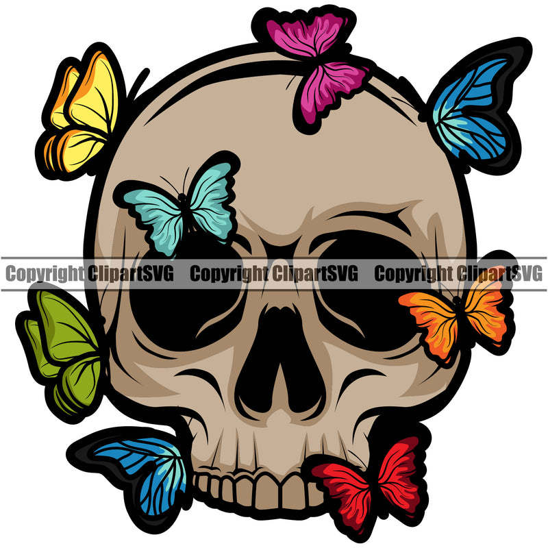 Skull Skeleton Head Color Design Butterfly On Skull Head White Background Design Cute Female Skull EMO Dead Death Skeleton Tattoo Vintage Retro Horror Woman Gothic Girl Pretty Lady Art Logo Clipart SVG