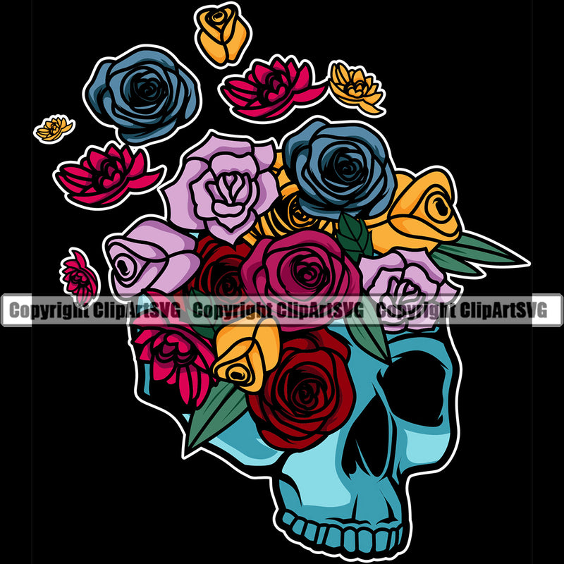 Skull Skeleton Head Black Background Flower On Head Design Element Cute Female Skull EMO Dead Death Skeleton Tattoo Vintage Retro Horror Woman Gothic Girl Pretty Lady Art Logo Clipart SVG