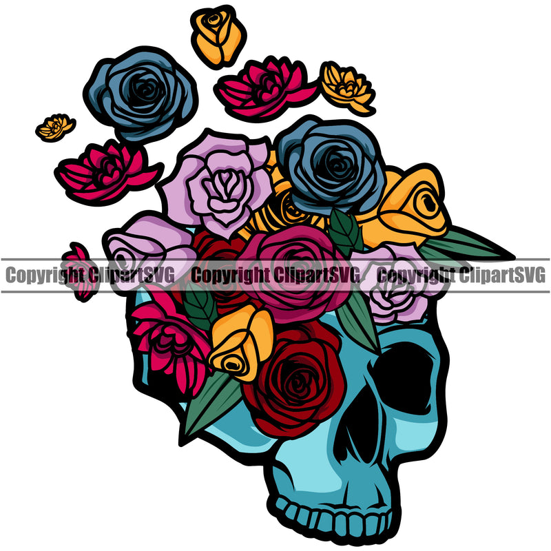 Skull Skeleton Color Head White Background Flower On Head Design Element Cute Female Skull EMO Dead Death Skeleton Tattoo Vintage Retro Horror Woman Gothic Girl Pretty Lady Art Logo Clipart SVG