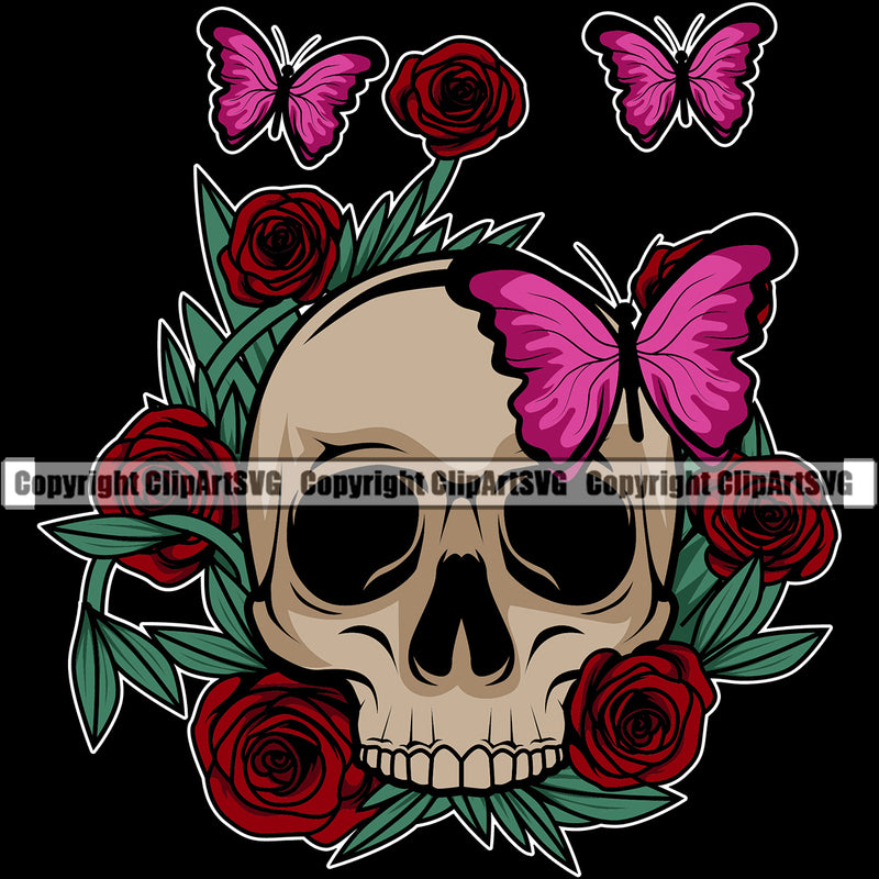 Skull Skeleton Head Butterfly And Rose Vector Design Element Black Background Cute Female Skull EMO Dead Death Skeleton Tattoo Vintage Retro Horror Woman Gothic Girl Pretty Lady Art Logo Clipart SVG