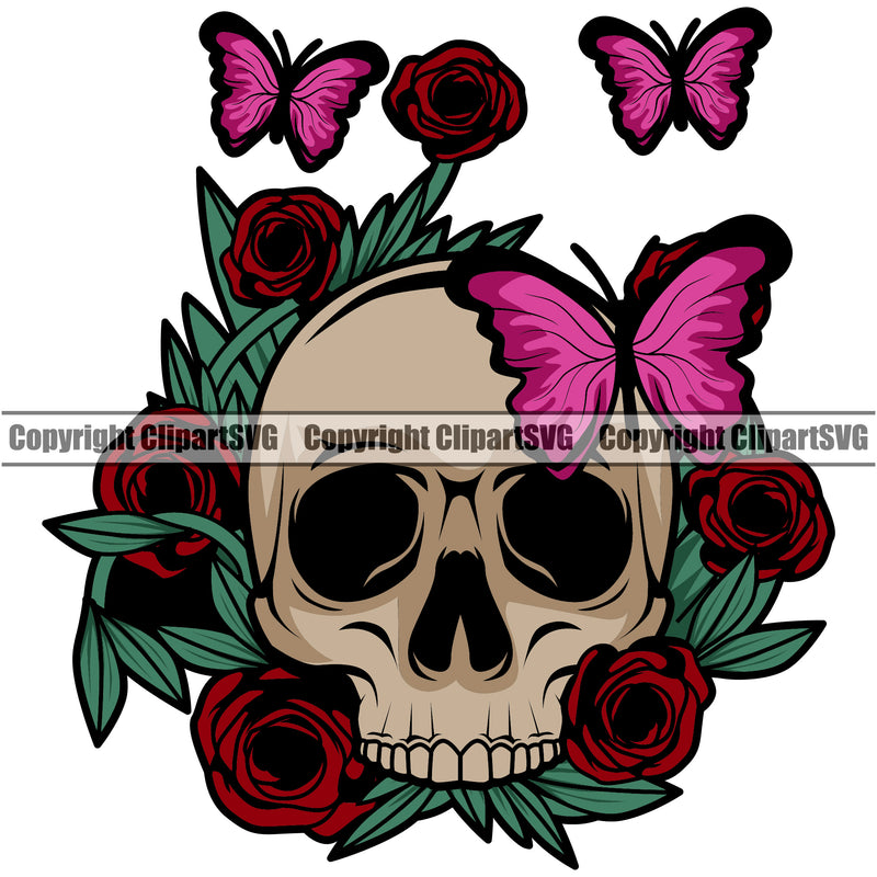 Skull Skeleton Head Butterfly And Rose Vector Design Element White Background Cute Female Skull EMO Dead Death Skeleton Tattoo Vintage Retro Horror Woman Gothic Girl Pretty Lady Art Logo Clipart SVG