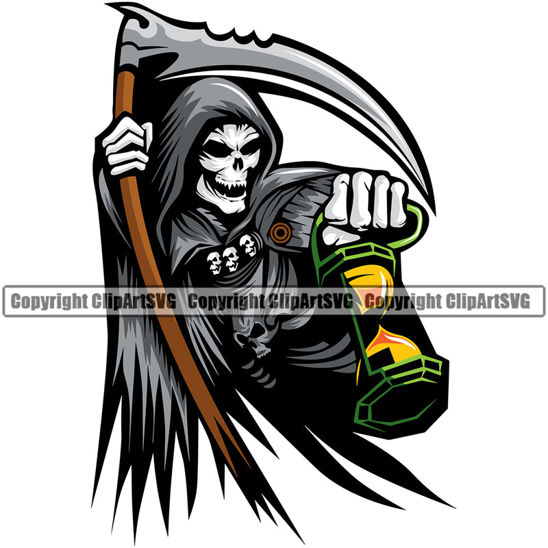 Grim Reaper Holding And Time Glass Skull Skeleton Color Design Element Death Horror Dead Evil Dark Spooky Fear Skull Scary Ghost Scythe Sickle Cemetery Gothic Hell Demon Creepy Clipart SVG