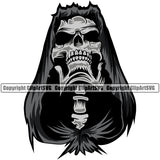 Grim Reaper Skull Skeleton Head Design Element Black And White Death Horror Dead Evil Dark Spooky Fear Skull Scary Ghost Scythe Sickle Cemetery Gothic Hell Demon Creepy Clipart SVG