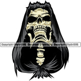 Grim Reaper Skull Skeleton Head Design Element Golden Color Death Horror Dead Evil Dark Spooky Fear Skull Scary Ghost Scythe Sickle Cemetery Gothic Hell Demon Creepy Clipart SVG