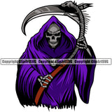 Skull Skeleton Holding Grim Reaper Wearing Blue Color Dress Design Element Skeleton Death Horror Dead Evil Dark Spooky Fear Skull Scary Ghost Scythe Sickle Cemetery Gothic Hell Demon Creepy Clipart SVG