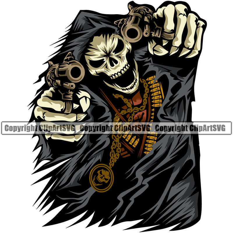 Angry Face Skull Skeleton Holding Double Piston Vector Grim Reaper Color Design Element Skeleton Death Horror Dead Evil Dark Spooky Fear Skull Scary Ghost Scythe Sickle Cemetery Gothic Hell Demon Creepy Clipart SVG