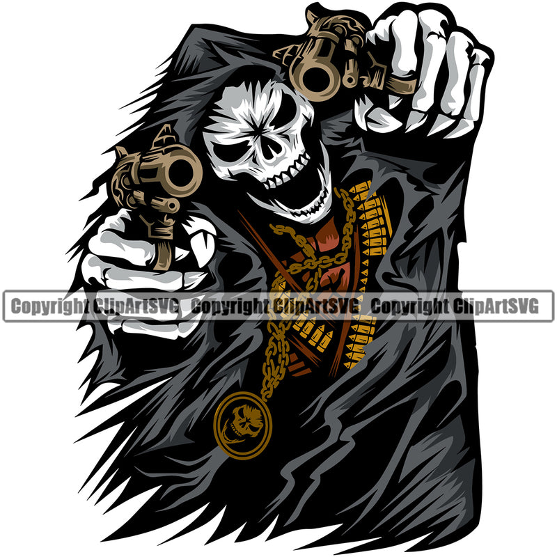 Black And White Angry Face Skull Skeleton Holding Double Piston Vector Grim Reaper Design Element Skeleton Death Horror Dead Evil Dark Spooky Fear Skull Scary Ghost Scythe Sickle Cemetery Gothic Hell Demon Creepy Clipart SVG