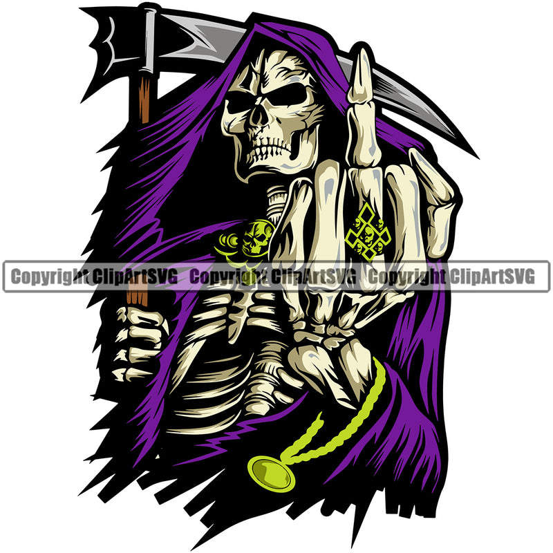 Middle Finger Hand Sign Vector Grim Reaper Holding Skull Skeleton White Background Design Element Death Horror Dead Evil Dark Spooky Fear Skull Scary Ghost Scythe Sickle Cemetery Gothic Hell Demon Creepy Clipart SVG