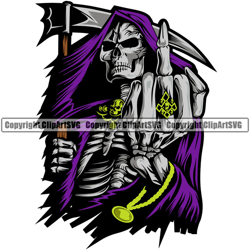 Middle Finger Hand Sign Vector Grim Reaper Holding Skull Skeleton White Background And Silver Color Design Element Death Horror Dead Evil Dark Spooky Fear Skull Scary Ghost Scythe Sickle Cemetery Gothic Hell Demon Creepy Clipart SVG