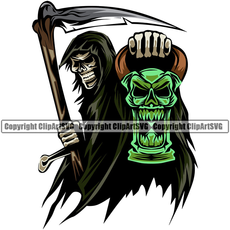 Skull Skeleton Holding Grim Reaper And Time Cowan Down Machine Color Design Element White Background Skeleton Death Horror Dead Evil Dark Spooky Fear Skull Scary Ghost Scythe Sickle Cemetery Gothic Hell Demon Creepy Clipart SVG