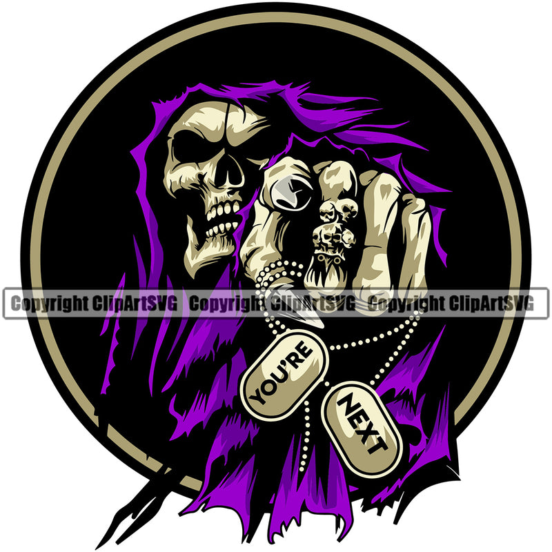 Skull Skeleton Holding Chain Color Design Vector Grim Reaper Color Circle Logo Design Element Skeleton Death Horror Dead Evil Dark Spooky Fear Skull Scary Ghost Scythe Sickle Cemetery Gothic Hell Demon Creepy Clipart SVG
