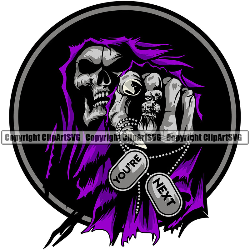 Skull Skeleton Holding Chain Vector Grim Reaper Silver Color Skull Circle Logo Design Element Skeleton Death Horror Dead Evil Dark Spooky Fear Skull Scary Ghost Scythe Sickle Cemetery Gothic Hell Demon Creepy Clipart SVG
