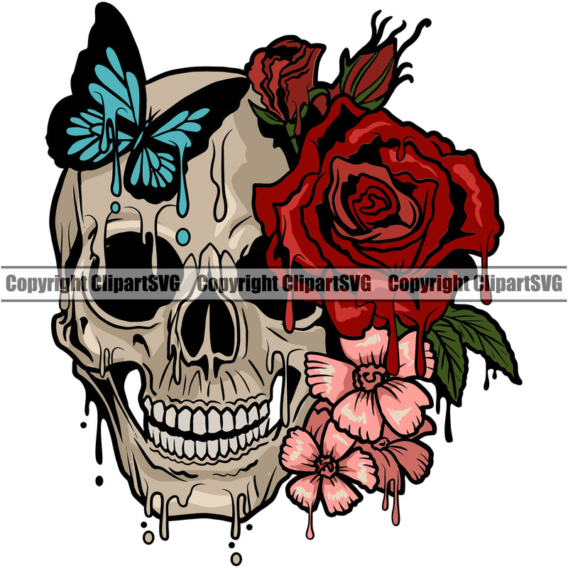 Cute Female Skull Skeleton Head Color Dripping Vector Flower And Leaves Design Element Butterfly White Background EMO Dead Death Skeleton Tattoo Vintage Retro Horror Woman Gothic Girl Pretty Lady Art Logo Clipart SVG