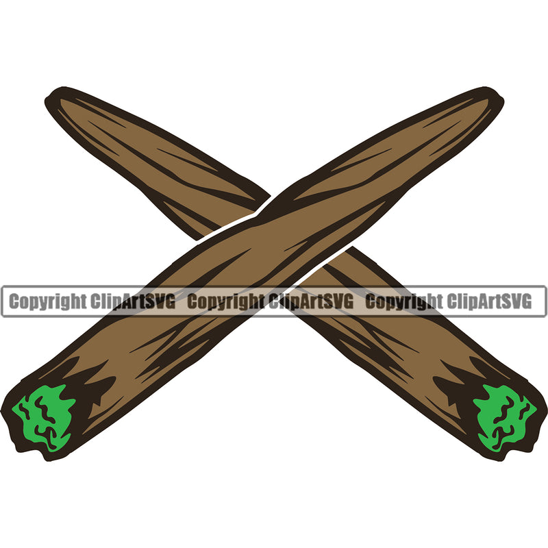Smoking Green And Brown Color Marijuana Joint Crossed Design Element White Background Legalize Pot Organic Leaf Medical Medicine Health Herb Plant Cannabis Hemp Drug Grass Weed THC Legal Art Logo Clipart SVG