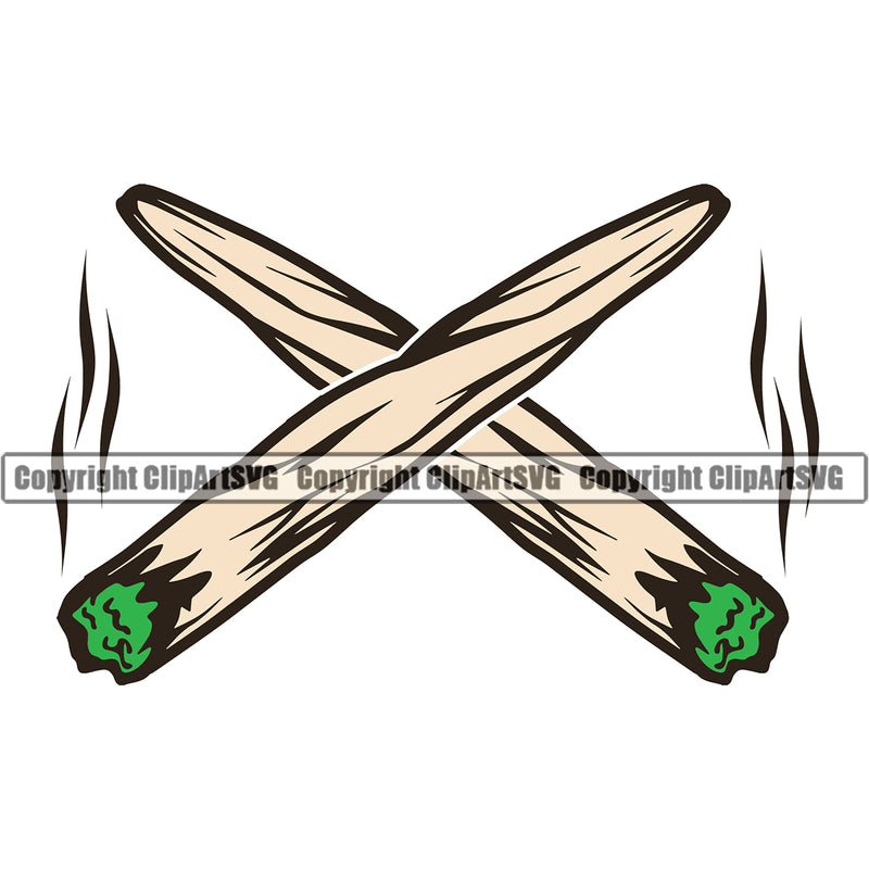 Green And Off White Color Smoking Marijuana Joint Crossed Design Element White Background Legalize Pot Organic Leaf Medical Medicine Health Herb Plant Cannabis Hemp Drug Grass Weed THC Legal Art Logo Clipart SVG