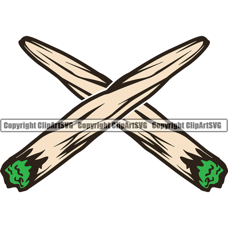 Green And Off White Color Marijuana Joint Crossed Design Element White Background Legalize Pot Organic Leaf Medical Medicine Health Herb Plant Cannabis Hemp Drug Grass Weed THC Legal Art Logo Clipart SVG