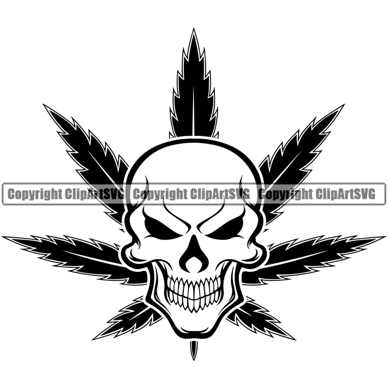 Skull Skeleton Head Smile Face Background Marijuana Leaf Vector Black And White Design Element Legalize Pot Organic Leaf Medical Medicine Health Herb Plant Cannabis Hemp Drug Grass Weed THC Legal Art Logo Clipart SVG