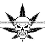 Skull Skeleton Head Smile Face Background Marijuana Leaf Vector Black And White Design Element Legalize Pot Organic Leaf Medical Medicine Health Herb Plant Cannabis Hemp Drug Grass Weed THC Legal Art Logo Clipart SVG