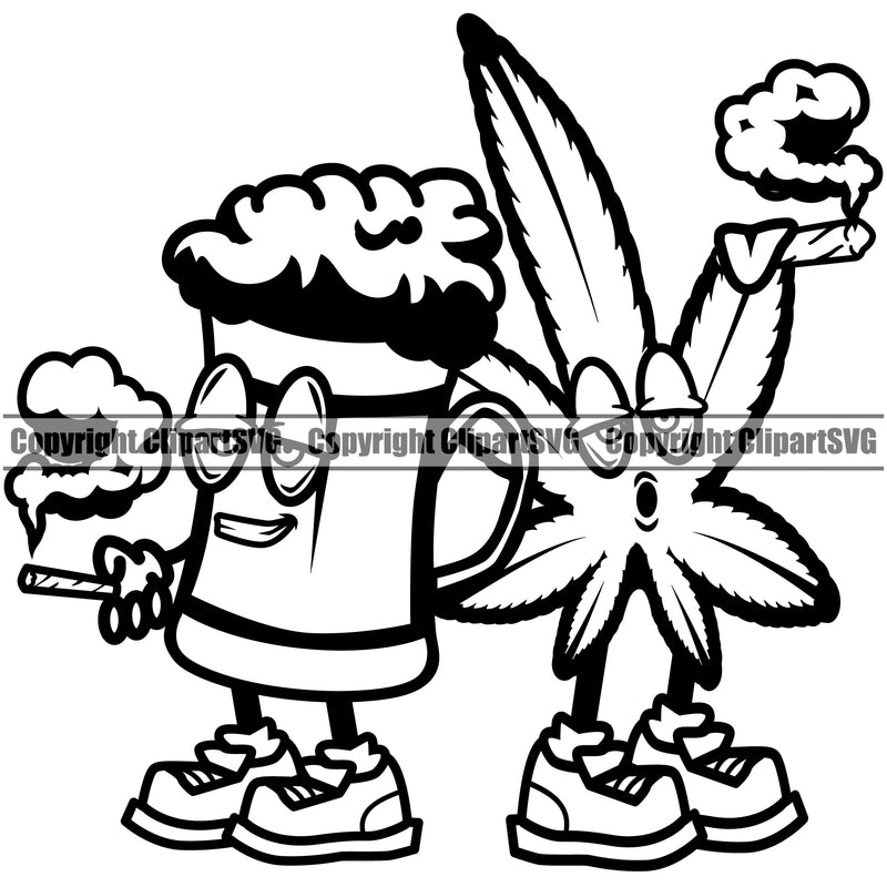 Coffee Mug Cartoon Design Element Black And White Marijuana Leaf Vector Legalize Pot Organic Leaf Medical Medicine Health Herb Plant Cannabis Hemp Drug Grass Weed THC Legal Art Logo Clipart SVG