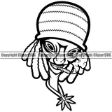 Black And White Cartoon Character Alien Smoking Marijuana Locus Hair Style Design Element Legalize Pot Organic Leaf Medical Medicine Health Herb Plant Cannabis Hemp Drug Grass Weed THC Legal Art Logo Clipart SVG