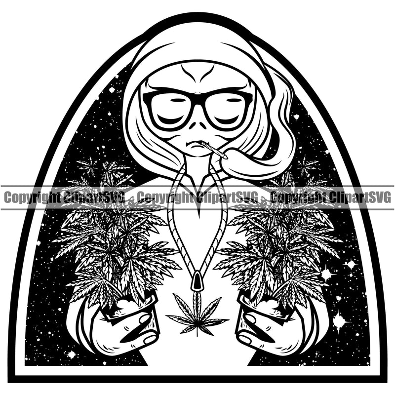 Black And White Color Marijuana Leaf Aline Smoking BW Logo Legalize Pot Organic Leaf Medical Medicine Health Herb Plant Cannabis Hemp Drug Grass Weed THC Legal Art Logo Clipart SVG