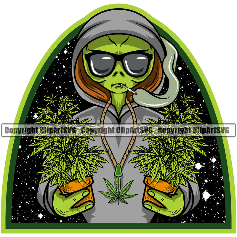 Black And White Color Marijuana Leaf Aline Wearing Sunglass Color Smoking BW Logo Legalize Pot Organic Leaf Medical Medicine Health Herb Plant Cannabis Hemp Drug Grass Weed THC Legal Art Logo Clipart SVG