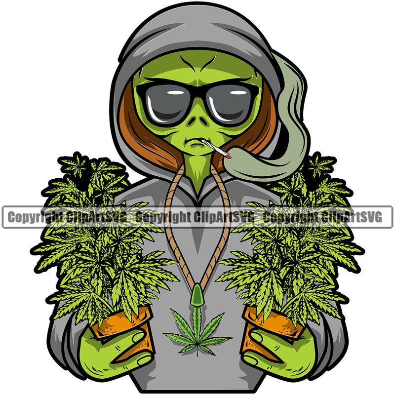 Aline Character Hand Holding Marijuana Leaf And Wearing Sunglass Vector Design Element Legalize Pot Organic Leaf Medical Medicine Health Herb Plant Cannabis Hemp Drug Grass Weed THC Legal Art Logo Clipart SVG